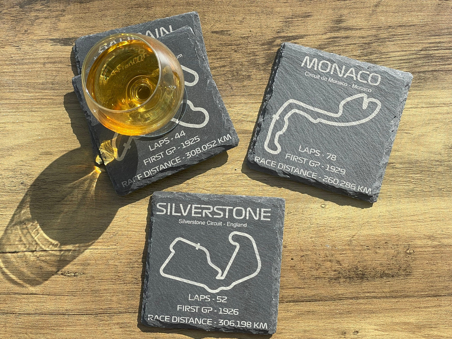 4 Coaster Set F1 Racing Track and Stats Engraved on Natural Slate Grand Prix Silverstone, Monaco And Many More -Rough & Rectified Edge Slate
