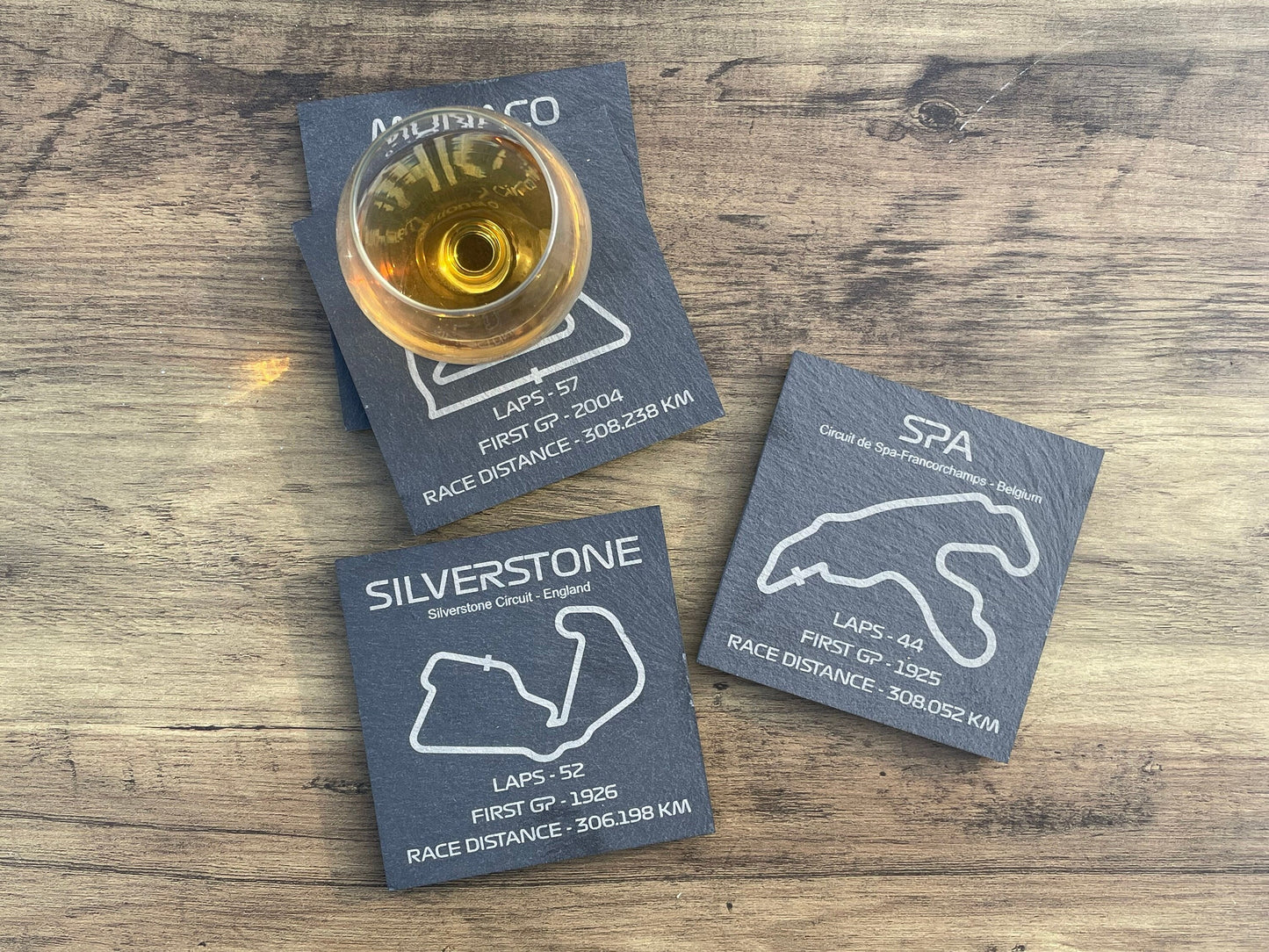 4 Coaster Set F1 Racing Track and Stats Engraved on Natural Slate Grand Prix Silverstone, Monaco And Many More -Rough & Rectified Edge Slate