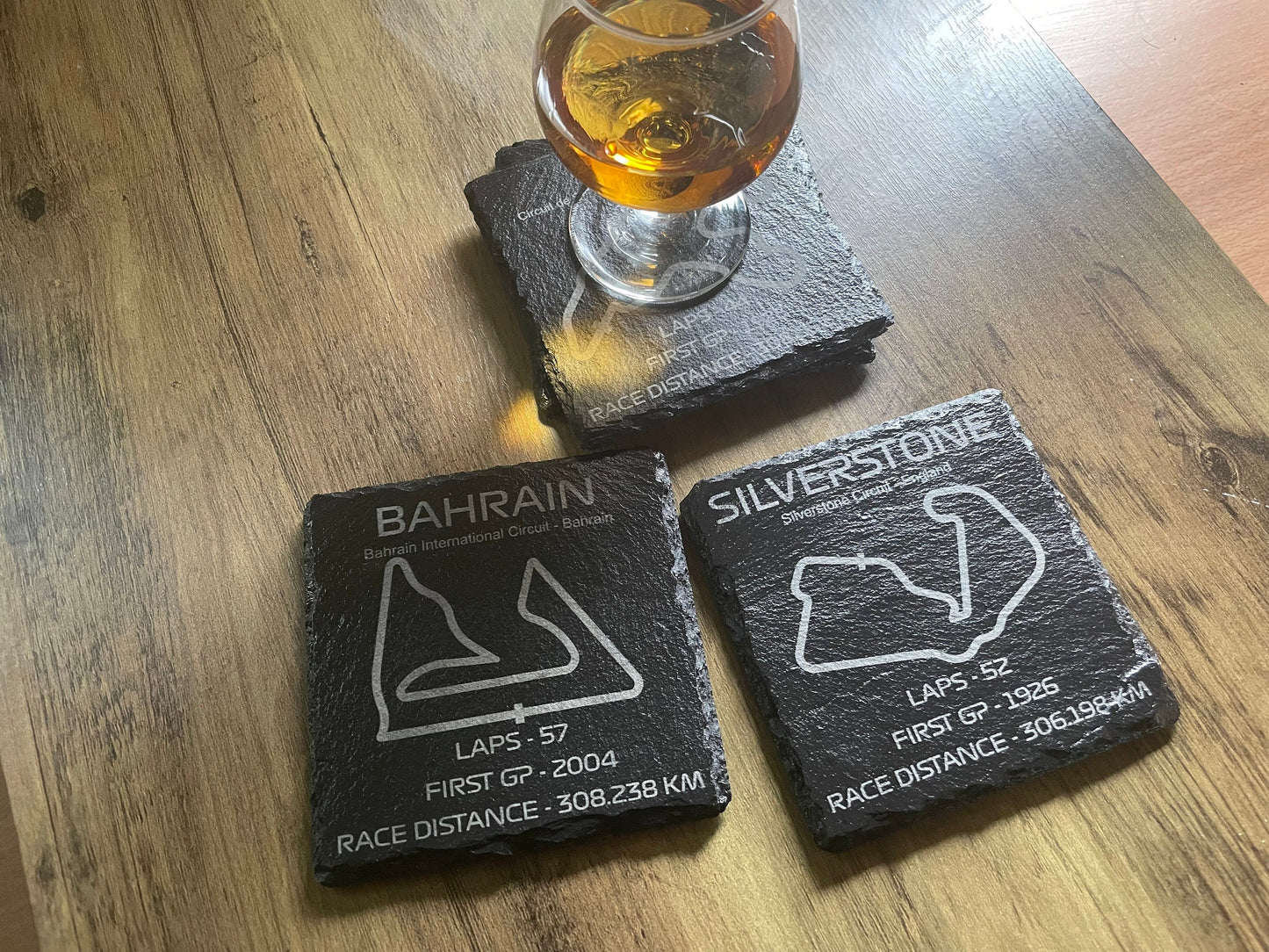 4 Coaster Set F1 Racing Track and Stats Engraved on Natural Slate Grand Prix Silverstone, Monaco And Many More -Rough & Rectified Edge Slate