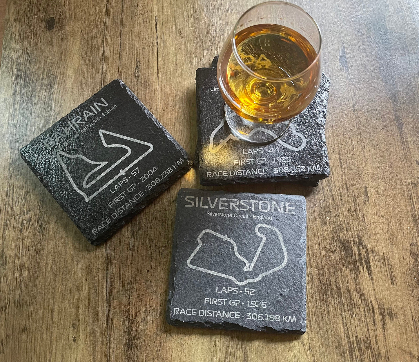 4 Coaster Set F1 Racing Track and Stats Engraved on Natural Slate Grand Prix Silverstone, Monaco And Many More -Rough & Rectified Edge Slate