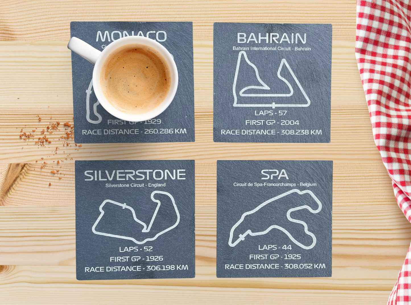 4 Coaster Set F1 Racing Track and Stats Engraved on Natural Slate Grand Prix Silverstone, Monaco And Many More -Rough & Rectified Edge Slate